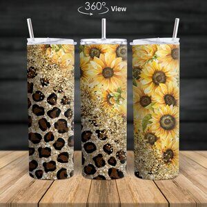 Sunflower Leopard Tumbler 20oz | Floral Cheetah Print Stainless Steel Cup